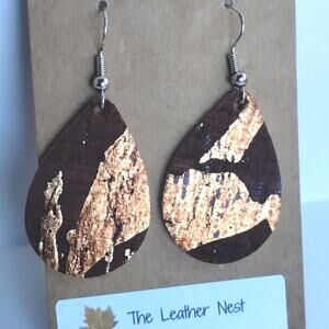 Leather & Iridescent Copper Gold Metallic Shimmer Artsy Chunky Teardrop Earrings